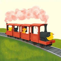 A magical train emitting fluffy pink steam has several closed carriages filled with delightful animals, including a little yellow kitten, a small black dog, a cute white rabbit, and a cheerful yellow duck