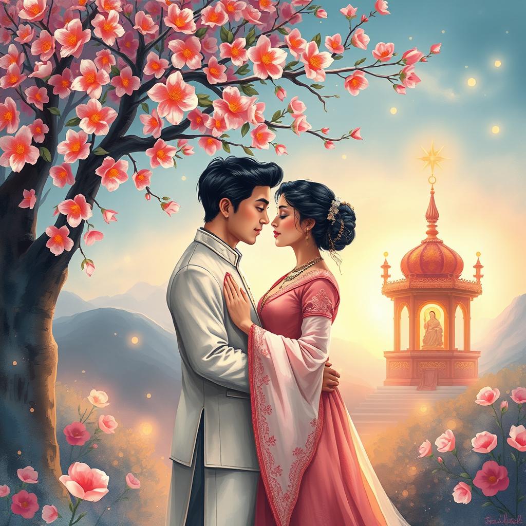 A beautiful romantic scene depicting a couple in love, surrounded by elements of spirituality