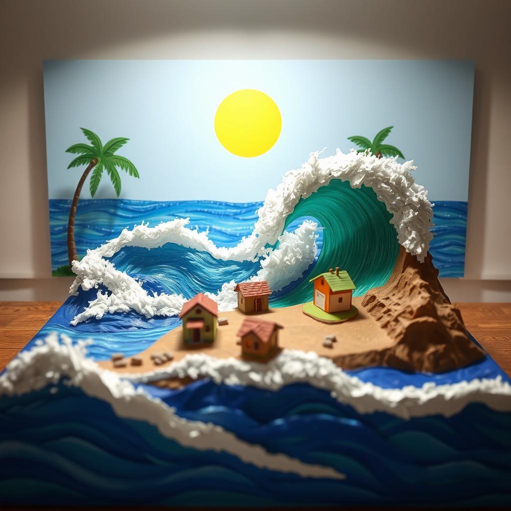 A creative school project depicting a handmade tsunami model