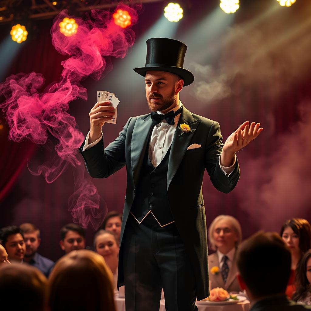 A mesmerizing magician performing a captivating illusion on stage, surrounded by colorful smoke and sparkling lights