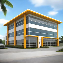 Illustrate an exterior view of a modern and simple Guyana Marketing Corporation Processing & Packaging Facility. The building is small, about 5200 sqft, featuring clean lines, glass windows, and a functional design.