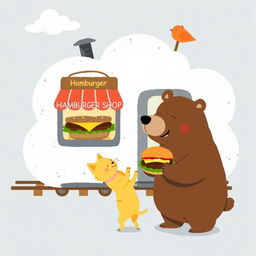 A whimsical cloud-shaped train station features a charming hamburger shop