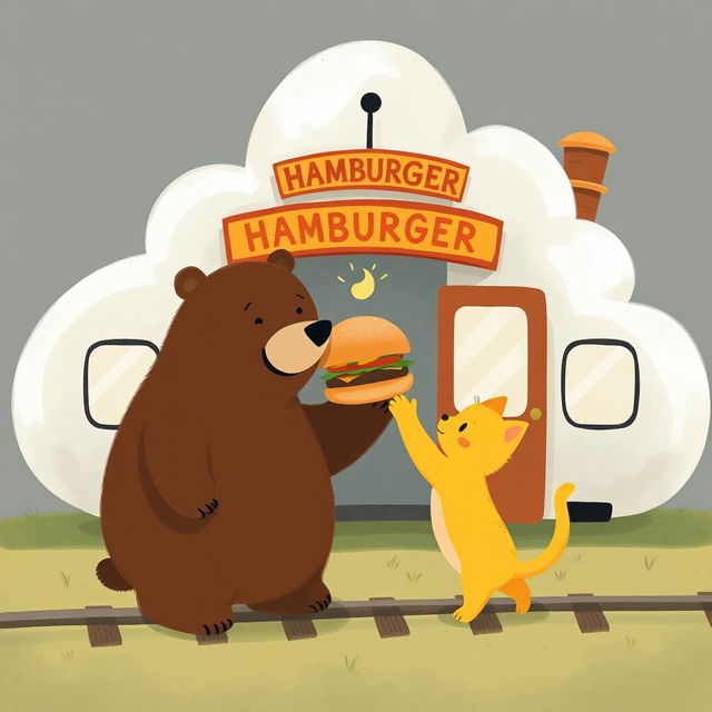 A whimsical cloud-shaped train station features a charming hamburger shop