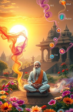An enchanting scene representing the Vedic magic of creativity, showcasing a serene landscape where the principles of Vedic culture blend with artistic inspiration