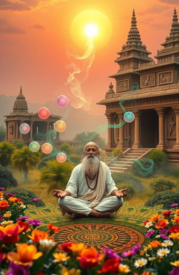 An enchanting scene representing the Vedic magic of creativity, showcasing a serene landscape where the principles of Vedic culture blend with artistic inspiration