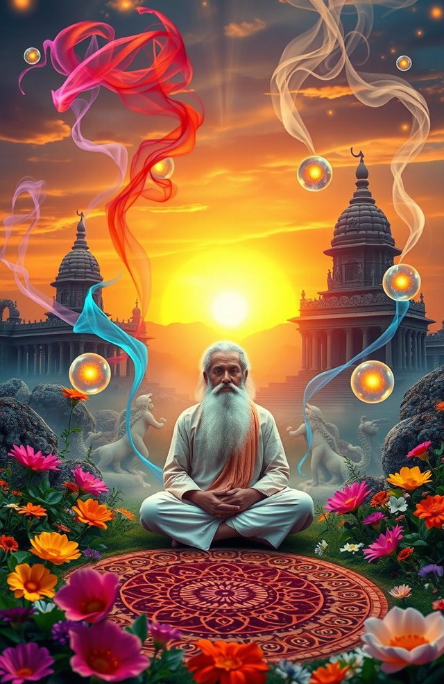 An enchanting scene representing the Vedic magic of creativity, showcasing a serene landscape where the principles of Vedic culture blend with artistic inspiration
