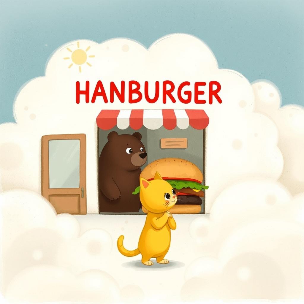 In a cloud-shaped station, a cute yellow kitten stands in front of a hamburger shop, its eyes sparkling as it looks at a big hamburger