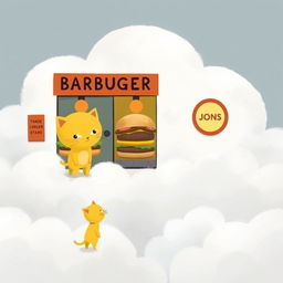 In a cloud-shaped station, a cute yellow kitten stands in front of a hamburger shop, its eyes sparkling as it looks at a big hamburger