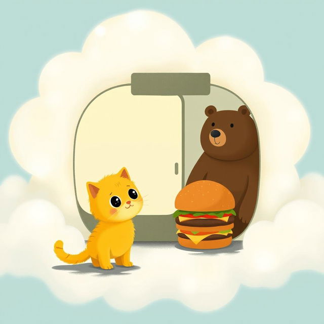 In a cloud-shaped station, a cute yellow kitten stands in front of a hamburger shop, its eyes sparkling as it looks at a big hamburger
