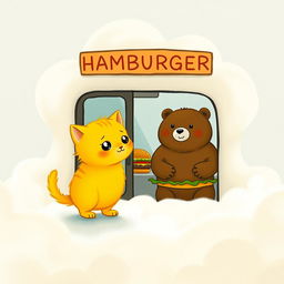 In a cloud-shaped station, a cute yellow kitten stands in front of a hamburger shop, its eyes sparkling as it looks at a big hamburger