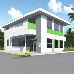 Illustrate an exterior view of a modern and simple Guyana Marketing Corporation Processing & Packaging Facility. The building is small, about 5200 sqft, featuring clean lines, glass windows, and a functional design.