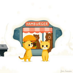 In a cloud-shaped train station, a cute yellow kitten stands in front of a hamburger shop, its eyes sparkling as it gazes at a big hamburger