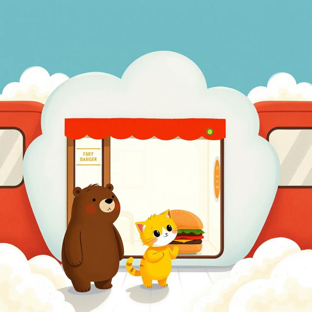 In a cloud-shaped train station, a cute yellow kitten stands in front of a hamburger shop, its eyes sparkling as it gazes at a big hamburger