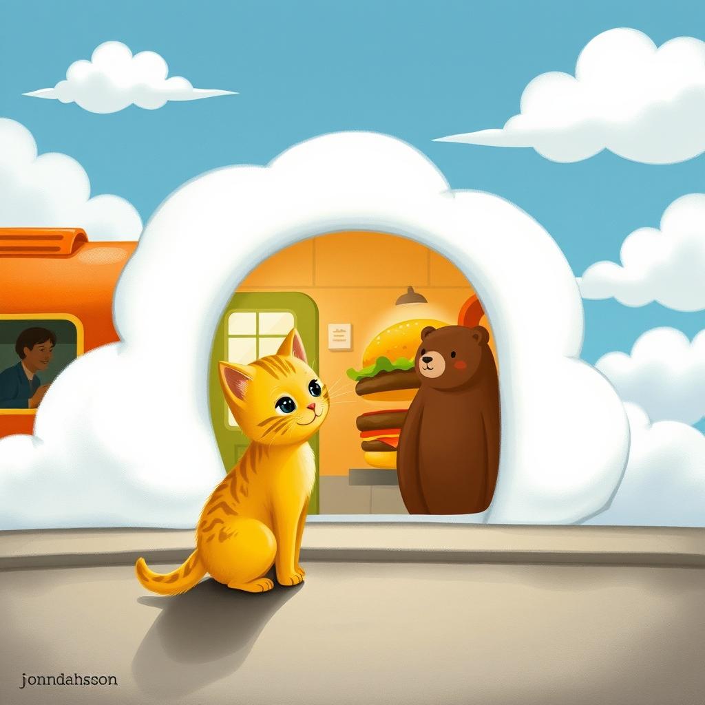In a cloud-shaped train station, a cute yellow kitten stands in front of a hamburger shop, its eyes sparkling as it gazes at a big hamburger