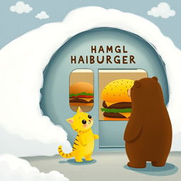 In a cloud-shaped train station, a cute yellow kitten stands in front of a hamburger shop, its eyes sparkling as it gazes at a big hamburger
