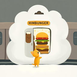 In a cloud-shaped train station, there is a charming hamburger shop