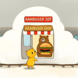 In a cloud-shaped train station, there is a charming hamburger shop