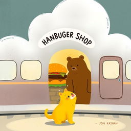 In a cloud-shaped train station, there is a charming hamburger shop