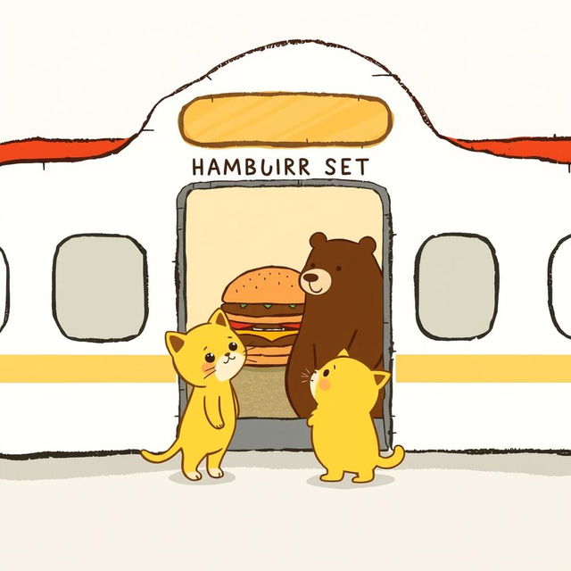 In a cloud-shaped train station, there is a charming hamburger shop