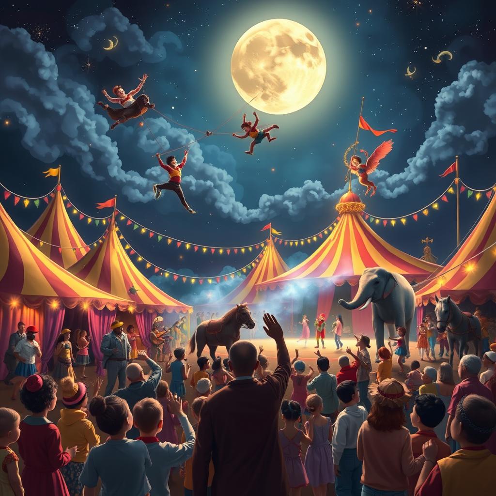 A vibrant circus scene depicting a magical world filled with colorful tents, acrobats performing stunning aerial stunts, clowns engaging in playful antics, and dazzling lights illuminating the night sky