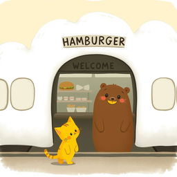 In a cloud-shaped train station, there is a delightful hamburger shop