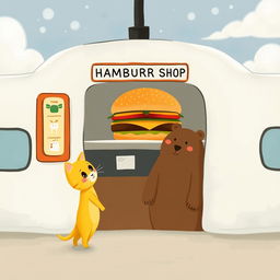 In a cloud-shaped train station, there is a delightful hamburger shop