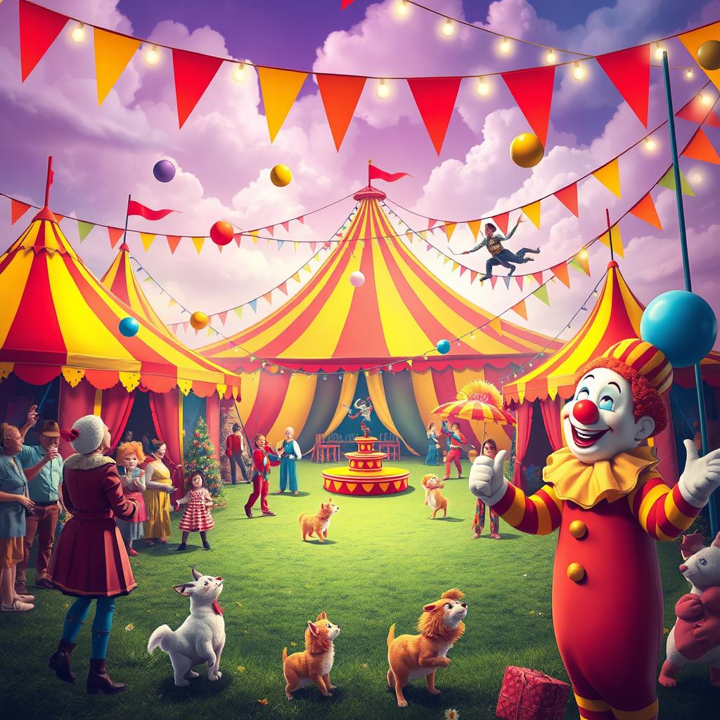 An imaginative circus world where vibrant colors, whimsical tents, and playful animals come alive