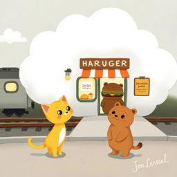 Beside the railway, in a cloud-shaped train station, there is a delightful hamburger shop