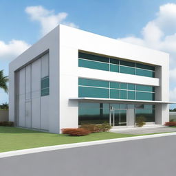 Illustrate an exterior view of a modern and simple Guyana Marketing Corporation Processing & Packaging Facility. The building is small, about 5200 sqft, featuring clean lines, glass windows, and a functional design.