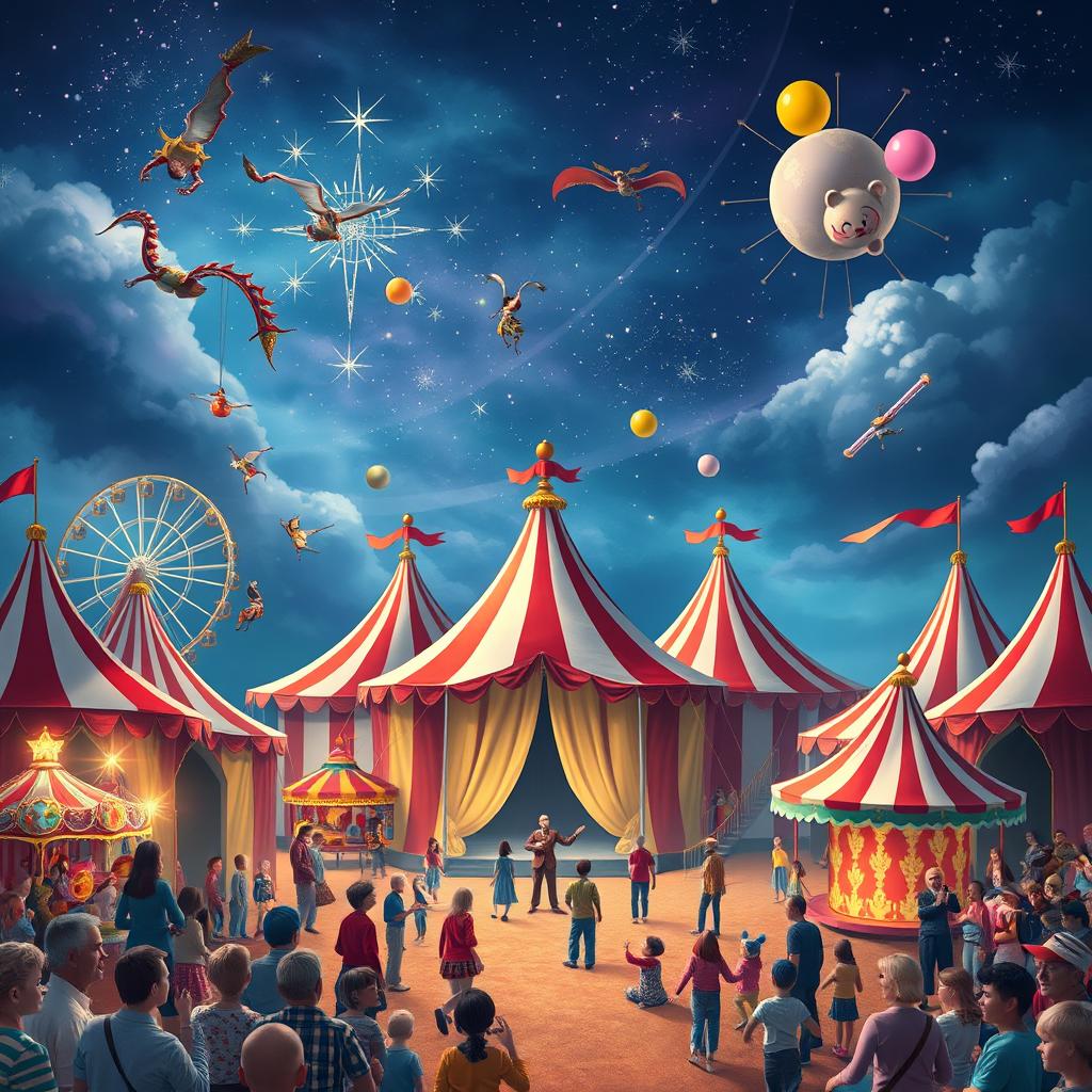 A vibrant and magical circus world, filled with colorful tents and cheerful performers