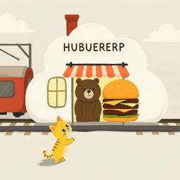 Beside the railway, in a cloud-shaped train station, there is an adorable hamburger shop