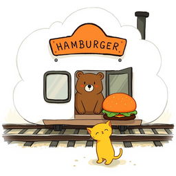 Beside the railway, in a cloud-shaped train station, there is an adorable hamburger shop