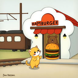 Beside the railway, in a cloud-shaped train station, there is an adorable hamburger shop
