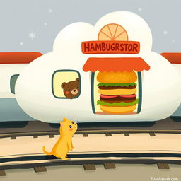 Beside the railway, in a cloud-shaped train station, there is an adorable hamburger shop