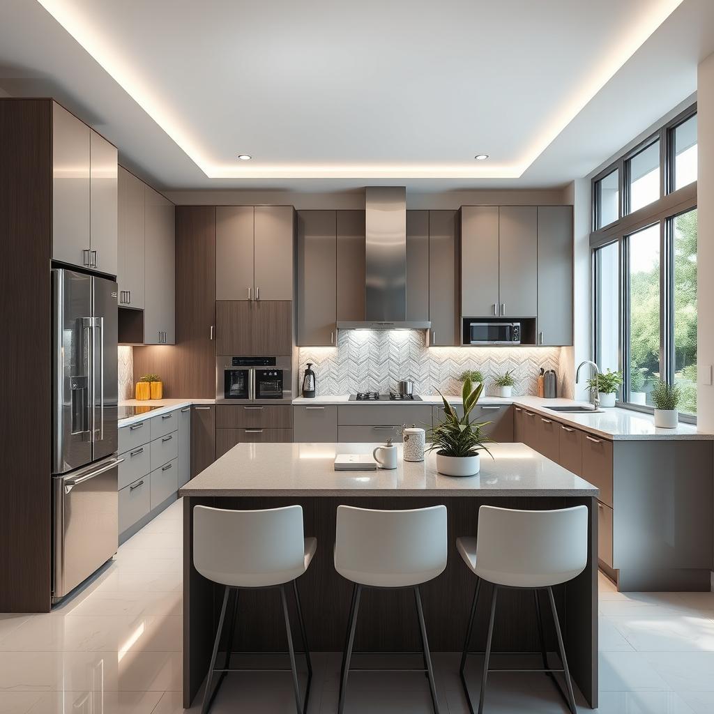 A modern modular kitchen featuring sleek cabinetry, a spacious island with bar stools, stainless steel appliances including a fridge and oven, bright LED lighting, and a beautiful backsplash with geometric tiles