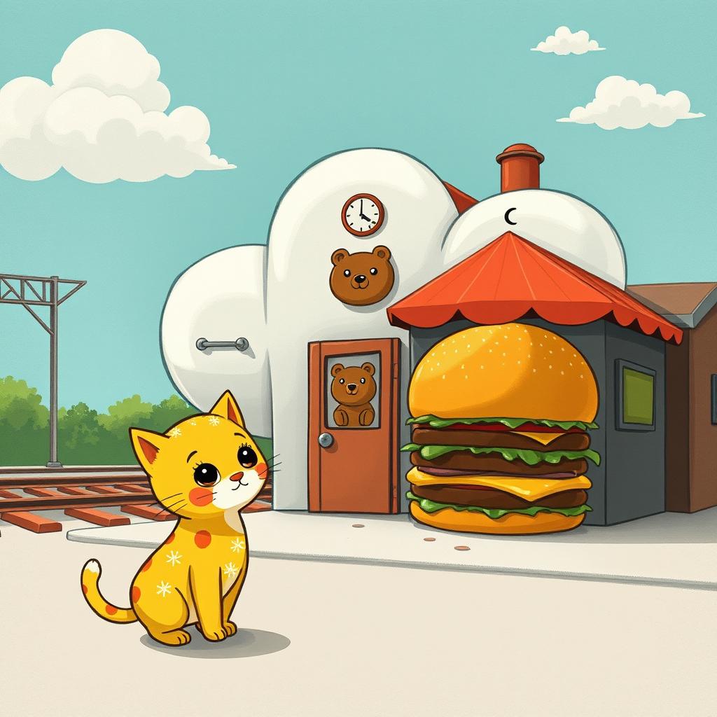 A whimsical train station shaped like a cloud by the railway, featuring a charming hamburger shop in front