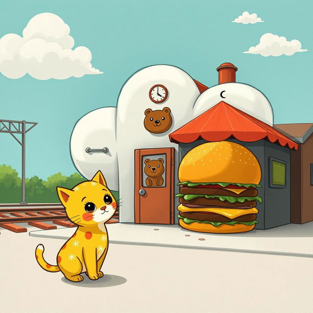 A whimsical train station shaped like a cloud by the railway, featuring a charming hamburger shop in front