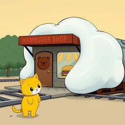 A whimsical train station shaped like a cloud by the railway, featuring a charming hamburger shop in front