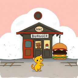 A whimsical train station shaped like a cloud by the railway, featuring a charming hamburger shop in front