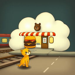 A whimsical train station shaped like a cloud by the railway, featuring a charming hamburger shop in front