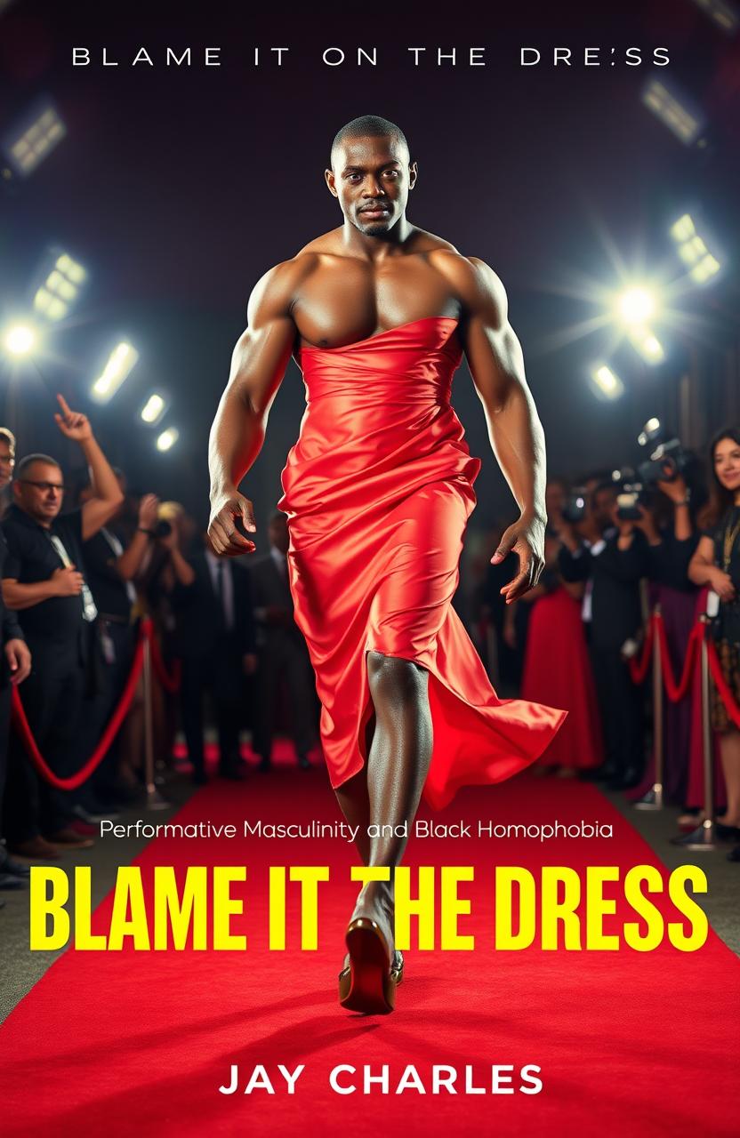 A muscular black man confidently strutting on a vibrant red carpet, wearing a stunning, elegant dress paired with fashionable high heels