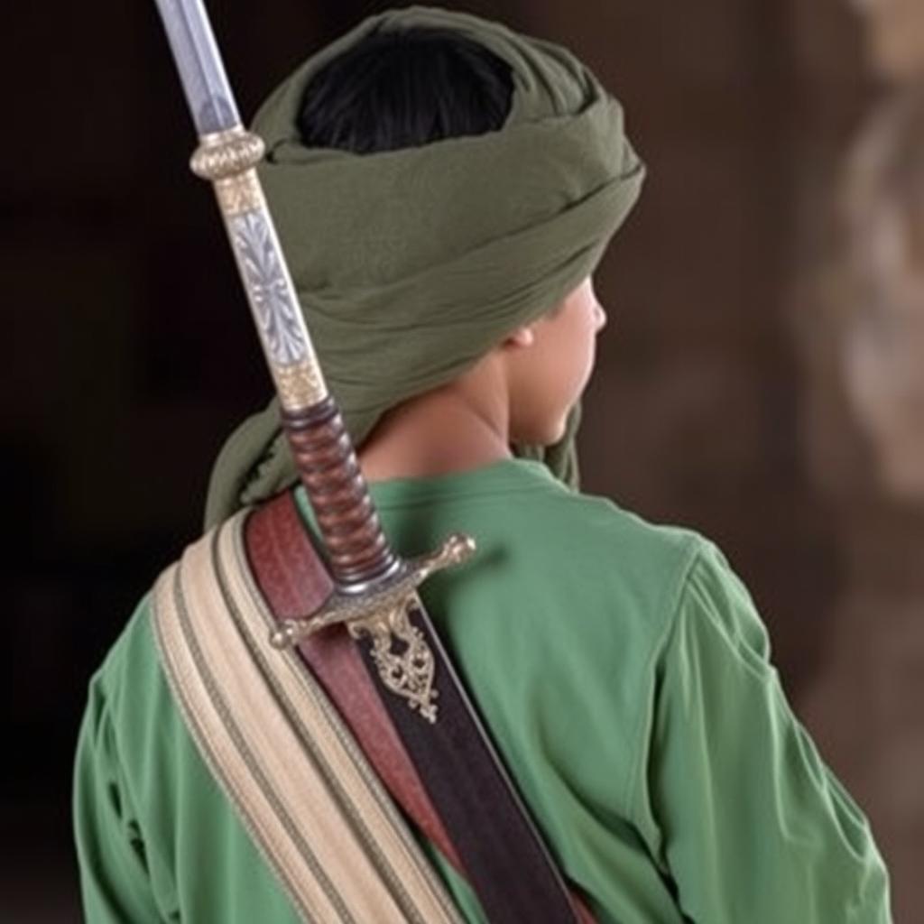 A 14-year-old teenage boy dressed in a green Arabic war dress with a fabric headwrap