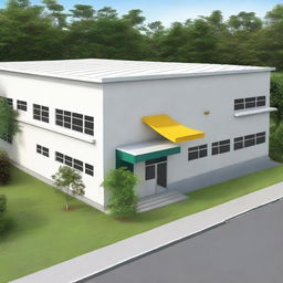 Illustrate an exterior view of a modern and simple Guyana Marketing Corporation Processing & Packaging Facility. The building is small, about 5200 sqft, featuring clean lines, glass windows, and a functional design.