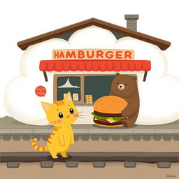 Beside the railway, in a cloud-shaped train station, there is a charming hamburger shop
