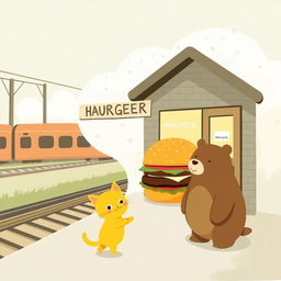 Beside the railway, in a cloud-shaped train station, there is a charming hamburger shop