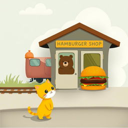 Beside the railway, in a cloud-shaped train station, there is a charming hamburger shop