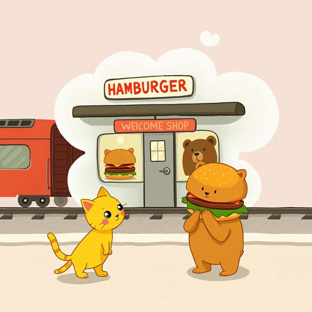 Beside the railway, in a cloud-shaped train station, there is a charming hamburger shop
