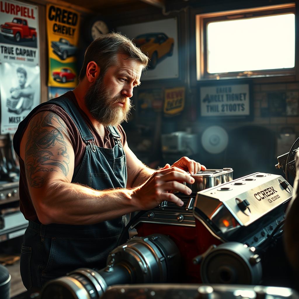 A rugged redneck in overalls, intensely working on a small block Chevy engine in a dimly lit garage