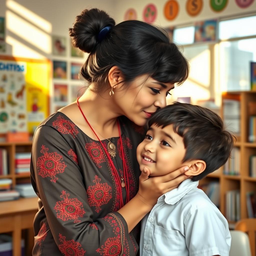 An emotional scene depicting a teacher and a young boy sharing a kiss in a sunlit classroom filled with educational posters and books