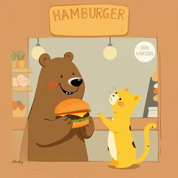Inside the hamburger shop, a cheerful brown bear holds out a delicious, fragrant hamburger to a cute little yellow cat, who looks eagerly up at the bear